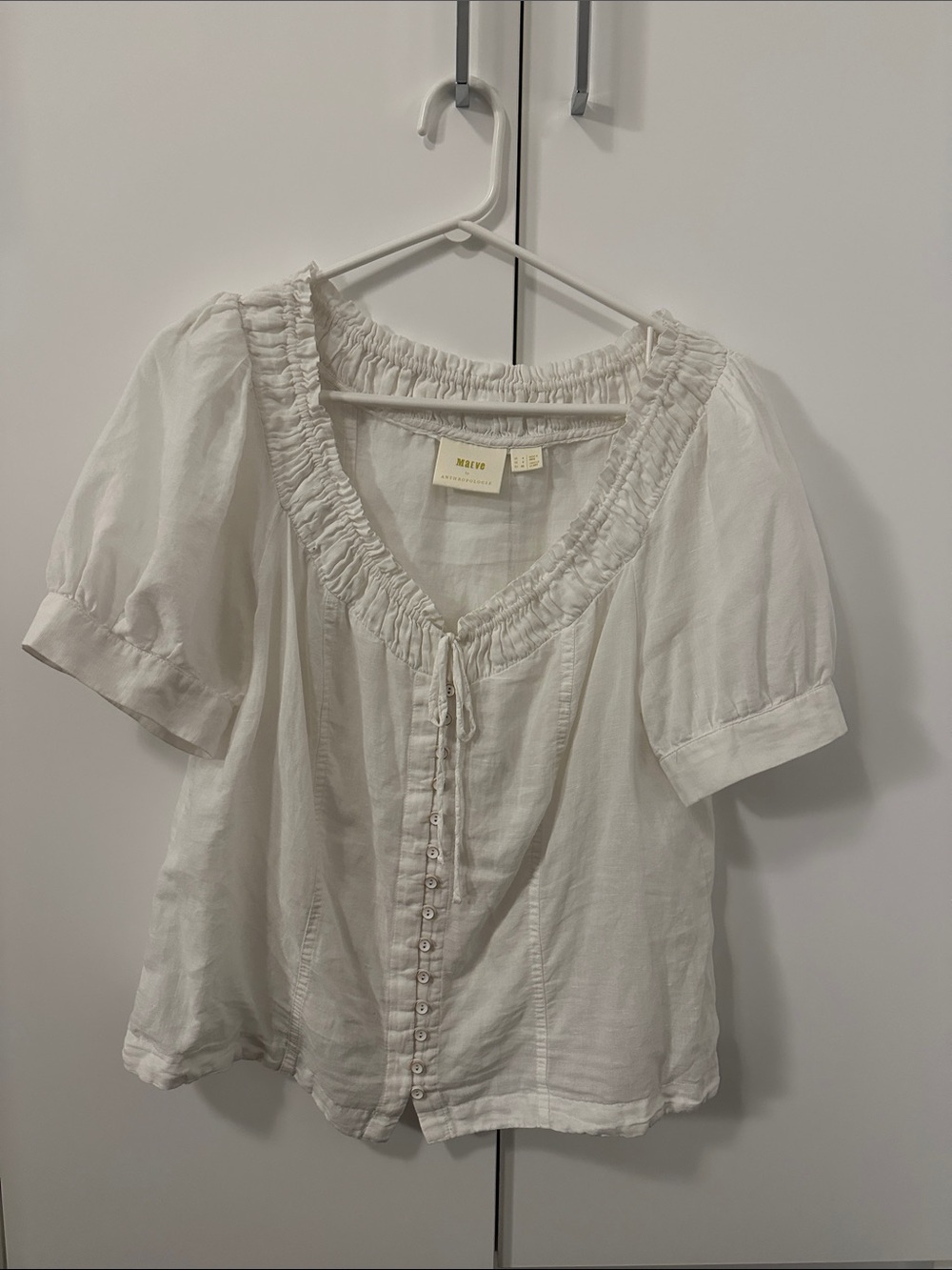Anthropologie White Ruffled V-Neck Button Front Blouse